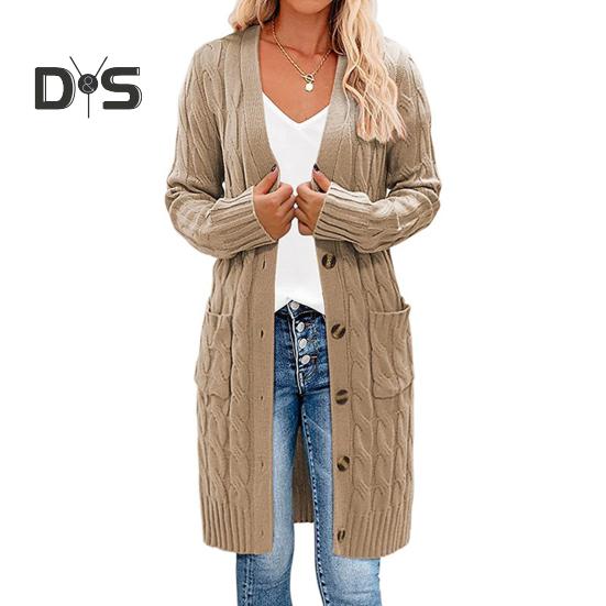 Women Sweater Cardigan V-neck Long Sleeve Twist Texture Knitting Tops with Pockets Solid Color Button-Up Knitting Jacket