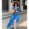 French temperament seaside vacation dress children's summer new blue floral irregular design long dress