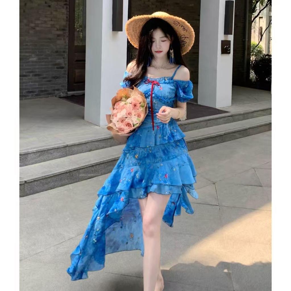 French temperament seaside vacation dress children's summer new blue floral irregular design long dress