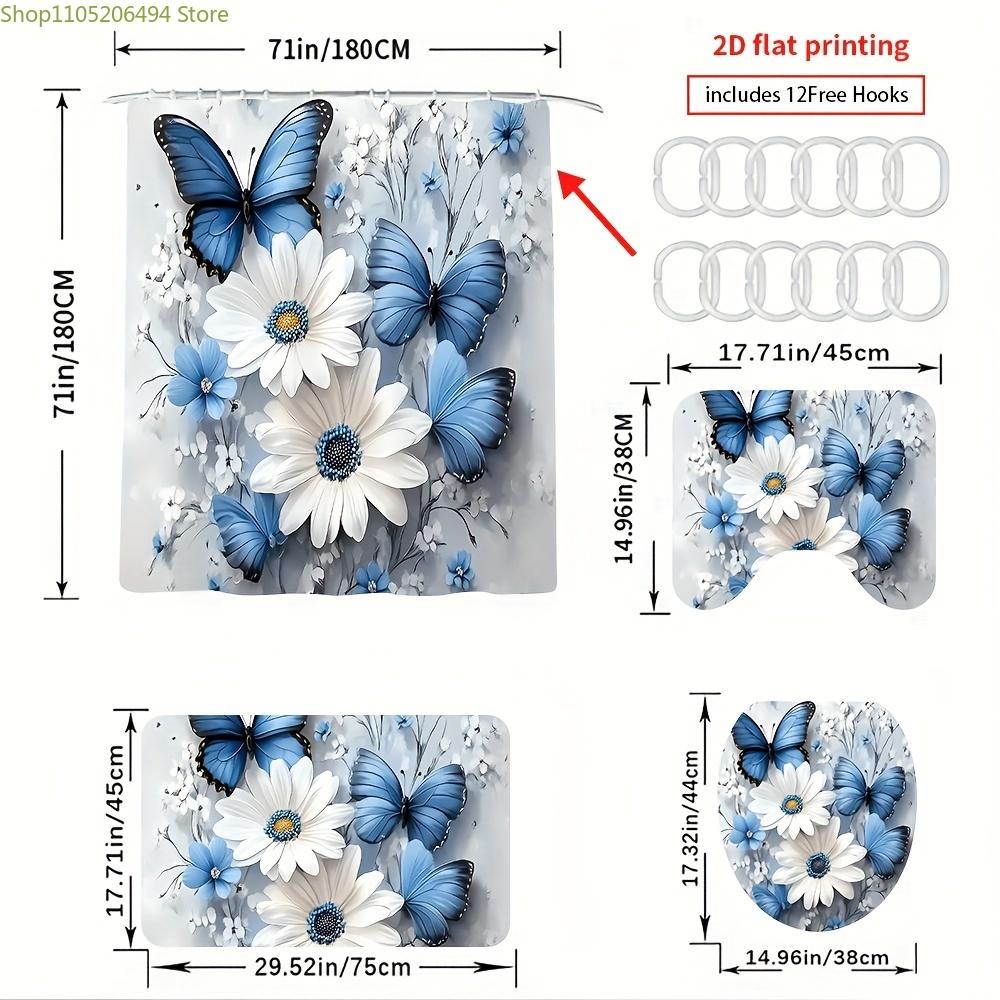 1/3/4pcs, Fashionable and Simple Blue Butterfly and White Flower Bathroom Set - 2D FLAT Shower Curtain, Bath Mat, Toilet Lid C
