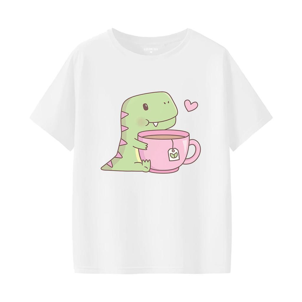 Cute dinosaur print short sleeved round neck versatile fashionable Womens Tshirt suitable for all seasons