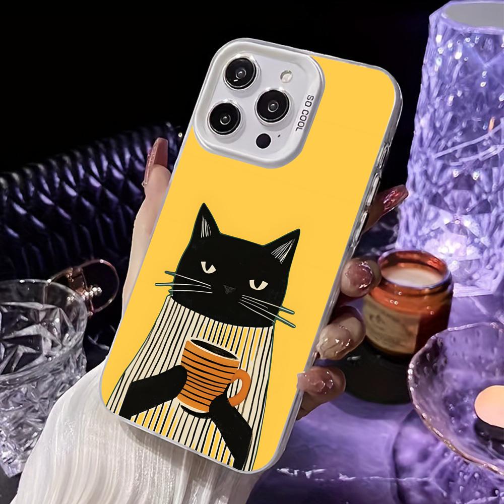 Cute Coffee Cat White Translucent Mobile Phone Case for iPhone 17 16 15 14 13 12 11 X XR XS Air Pro Max Plus Colorful Cover