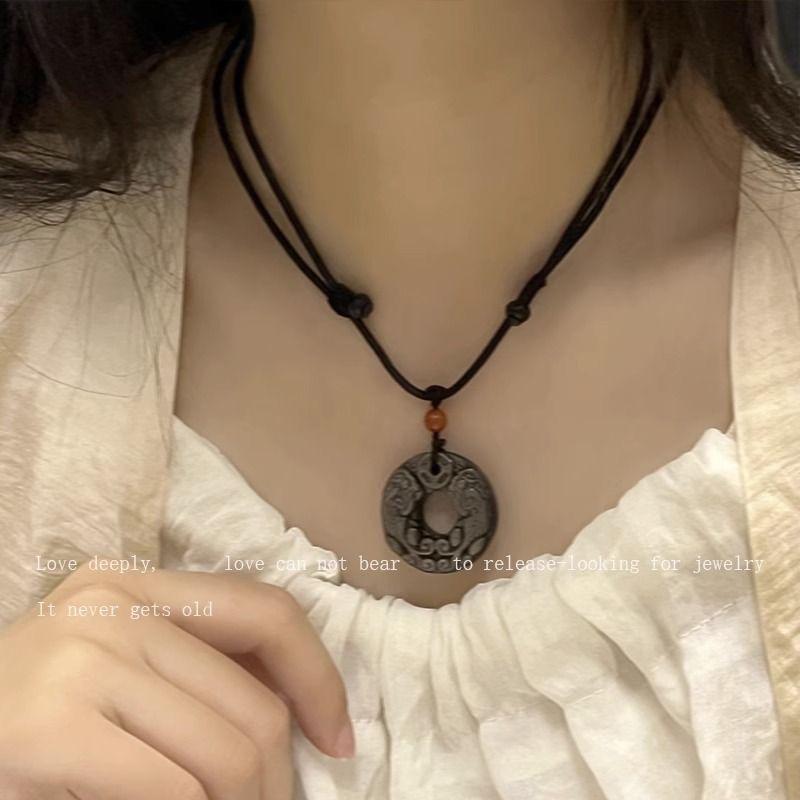

Peace Pixiu Vintage Buckle Necklace Mixed Gemstone Inlay Pendant Adjustable Length New Style Chinese StyleA