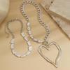 Baroque Style Double-Layer Big Heart Necklace with Metal Chain and Faux Pearls