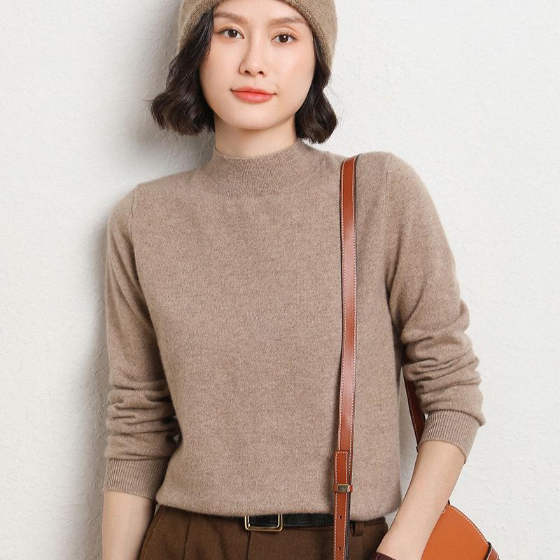 Women's Chic Short Knitwear Top - Half-High Neck, Long Sleeve, Autumn/Winter Style