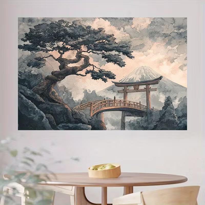 2D Asian Art Backdrop, Watercolor Mount Fuji with Shrine Gate & Pine Tree Banner