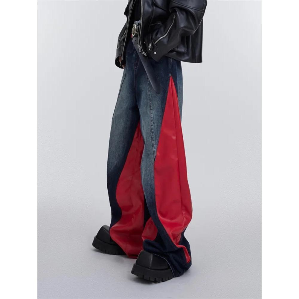 ZYLLO Y2K Streetwear Red Pu Leather Patchwork Baggy Jeans Pants For Men Designer Clothes Wide Leg Loose Denim Trousers