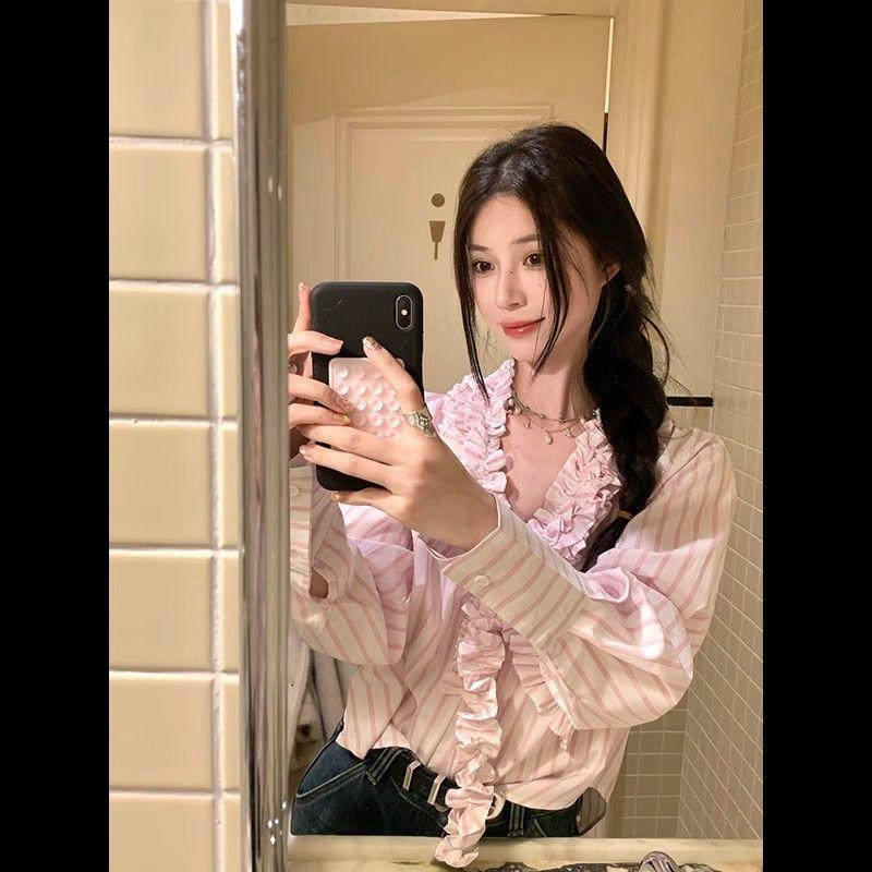 Sweet Pink Striped Shirt Design Fungus Long-sleeved Loose Shirt Women's Spring V-neck Top Ins