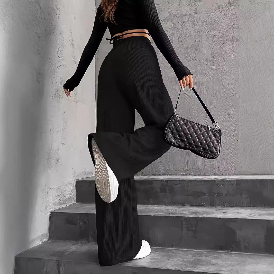 Women s Solid Color Elastic Waist Pinstripe Straight Wide-leg Pants S чёрный