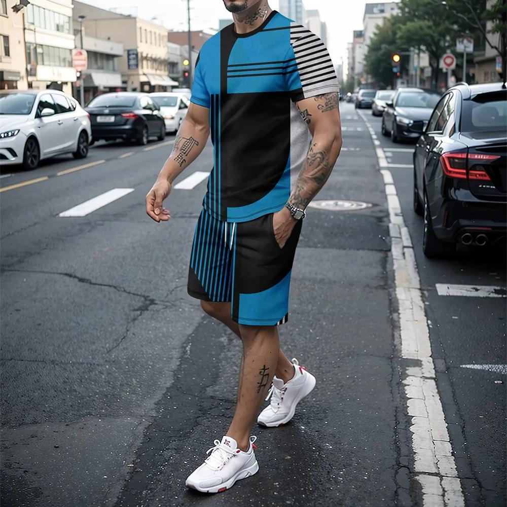 

Летняя мужская свободная спортивная одежда, шорты с короткими рукавами и 3D-линией, комплект из 2 предметов молодежной уличной моды и красивый комплект 6XL