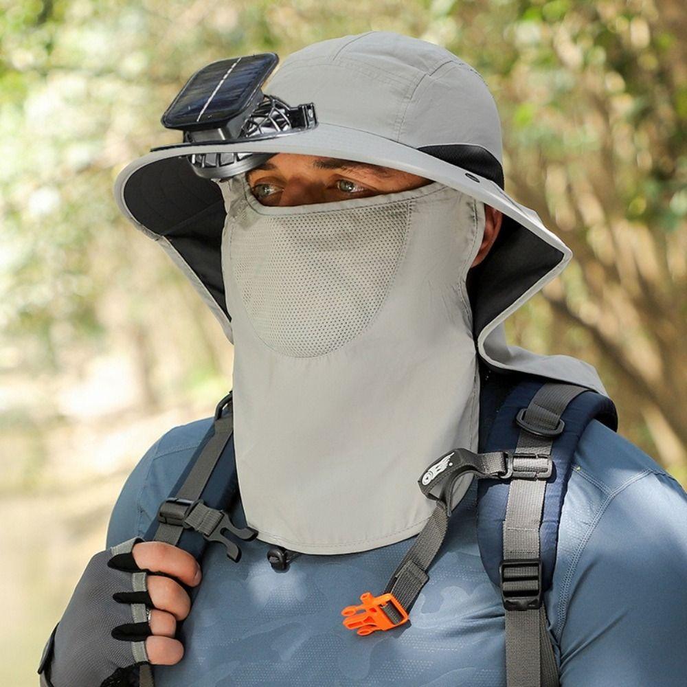 Polyester Solar Powered Fan Hat Neck Cover Breathable Mesh Fisherman Hat Wide Brim Sun Protection Visor Fan Sunscreen Cap