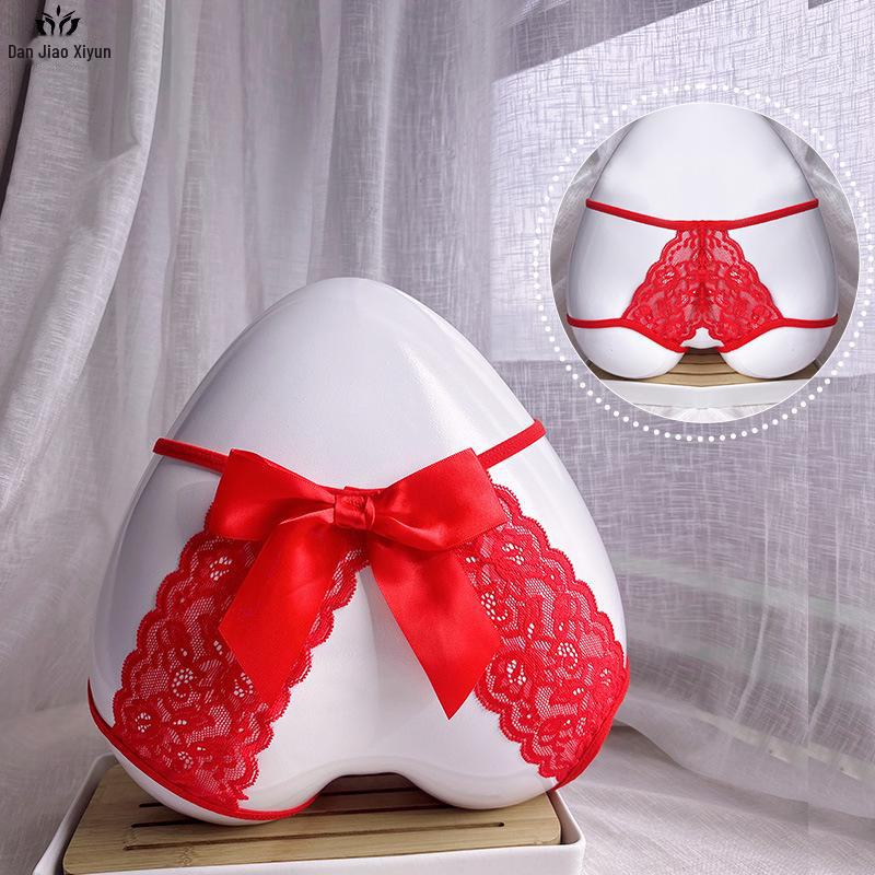 Open Crotch Lace Thong - See-Through, Low Waist, Sexy, Large Size, Bow Detail.
