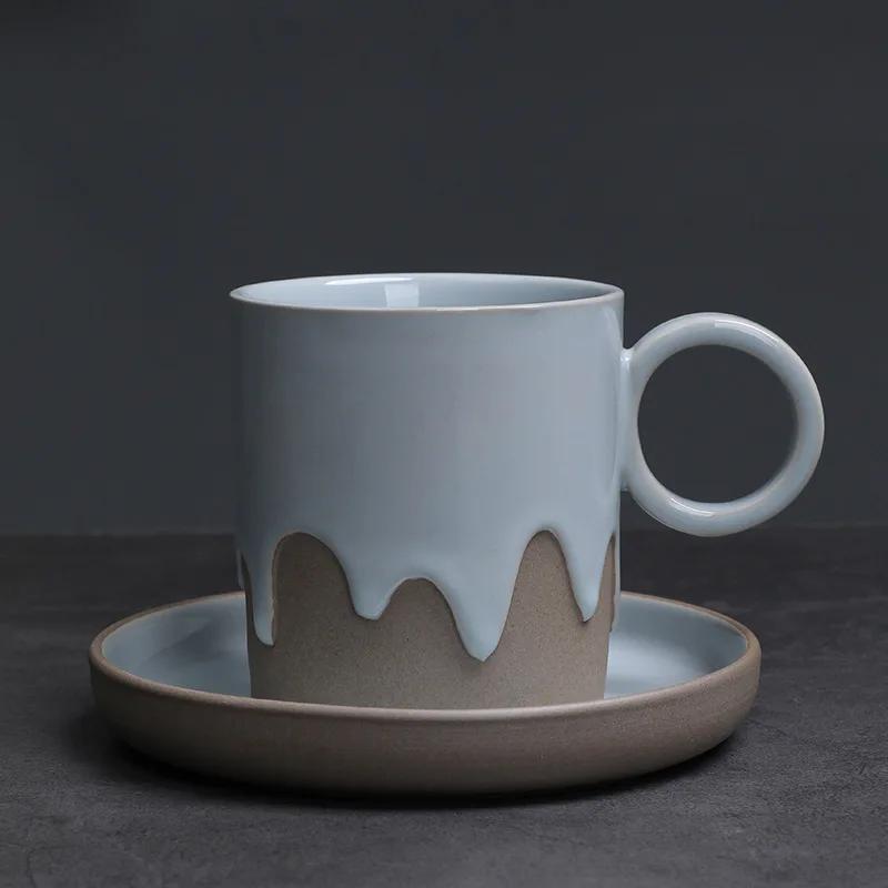 Creative Vintage Style Coarse Pottery Coffee Cup and Saucer Set with Flowing Glaze Finish for Latte Art Home Decor Use Gift Box
