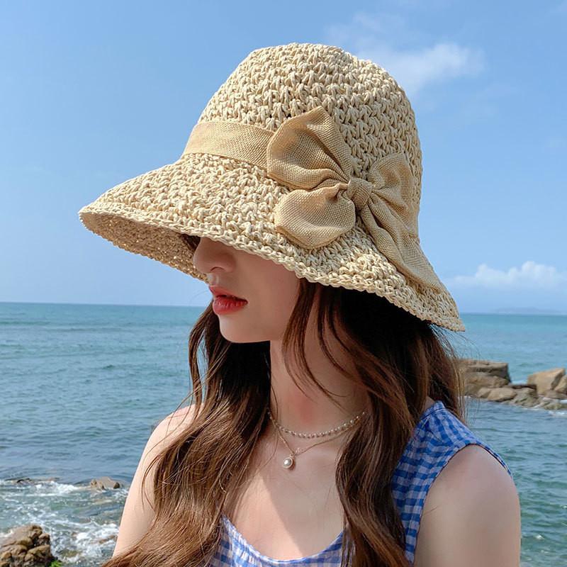 Straw Womens Versatile Hat Wide Brim For Sun Protection With Elegant Knot Bow