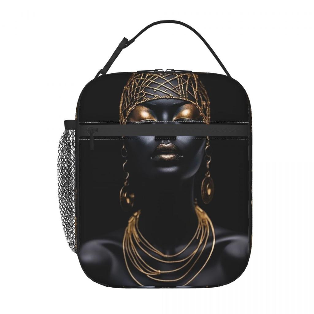 Golden Serenity African Woman Art Insulated Lunch Bag for Women Children Portable Food Boxes Thermal Lunch Box Tote