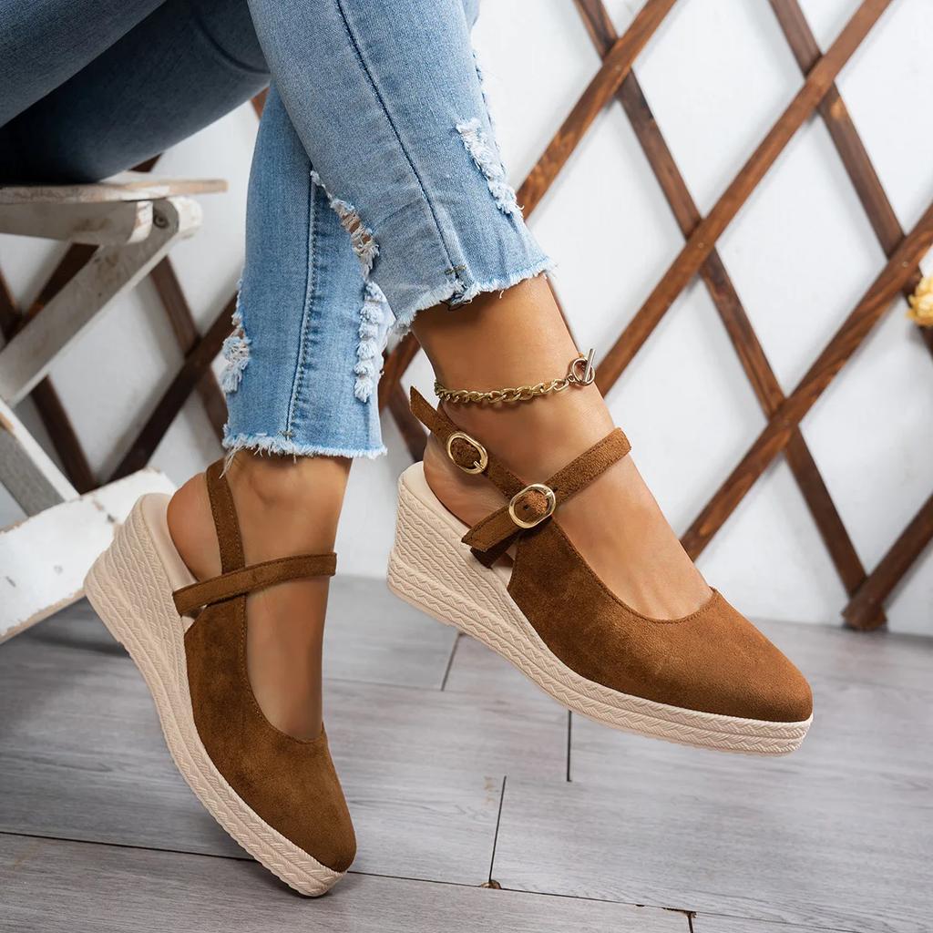 Жіночі ткані танкетки товсті підбори сандалі жіноча платформа сандалі весна нові замшеві високі підбори загострений ремінець модне взуття на товстій підошві