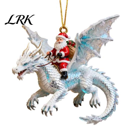 Fantasy Style Ornament Santa Claus Dragon Rider Christmas Ornament, 2D Acrylic Red Durable Resin Decoration with Flying Tree Hanging Decorations