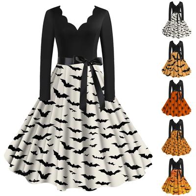 Halloween Print Flare Dress For Women Long Sleeve Dress Casual Dresses