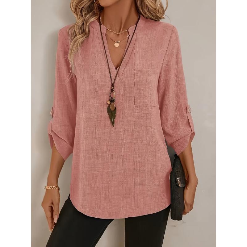 Casual V Neck Large Size Loose Women Blouse Fashion Elegant Tops Pocket Short Sleeve Simple Office Shirts Spring Solid Color Cothing