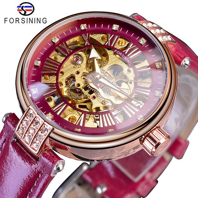 Für Forsining Damen Luxus Gold Skelett Armbanduhr Leuchtende Funktion 18mm Bandbreite Ovales Gehäuse Zeiger für Leder Kleid Mädchen