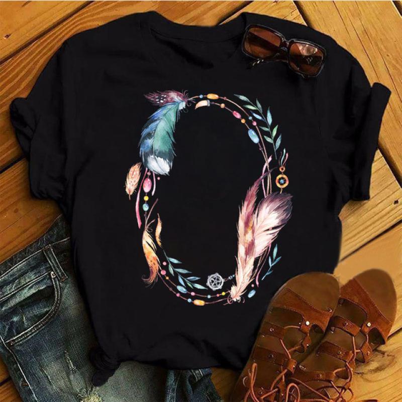 Tricou pentru femei Harajuku Topuri cu flori cu pene Imprimate Tricou negru pentru femei Tricou grafic drăguț pentru femei Tricou casual pentru femei