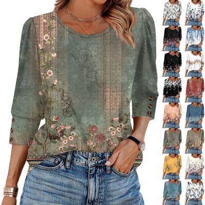 Women's Fashion Casual Vintage Floral Print Round Neck Sevenfold Sleeve T-shirt Top