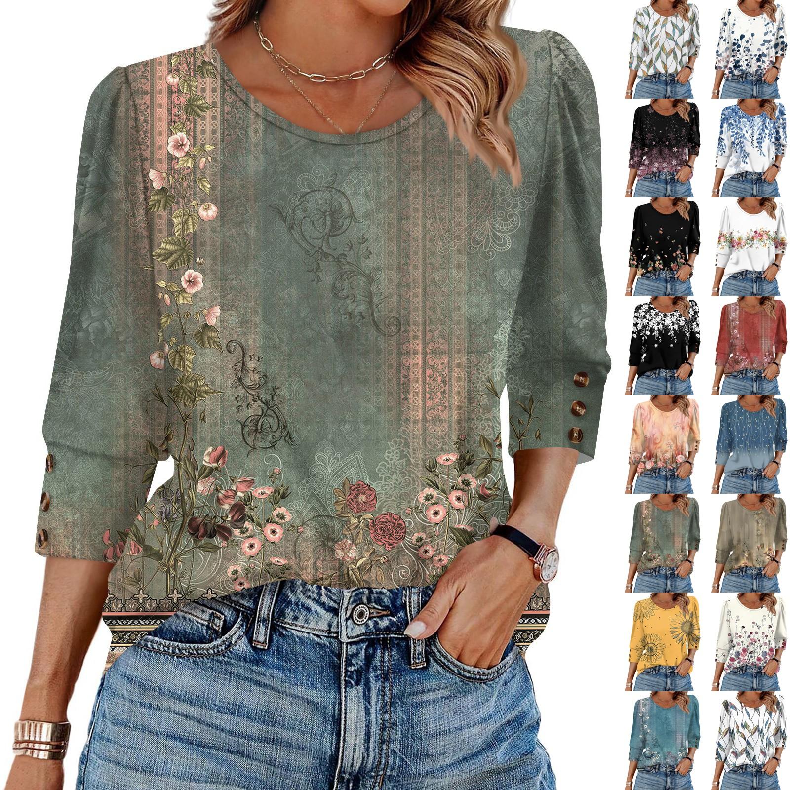 

Women s Fashion Casual Vintage Floral Print Round Neck Sevenfold Sleeve T-shirt Top XL