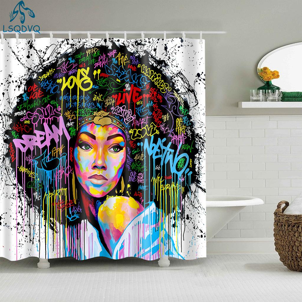 Cortinas de ducha de baño con diseño artístico de Graffiti para mujer, chica negra Afro americana, poliéster impermeable con ganchos