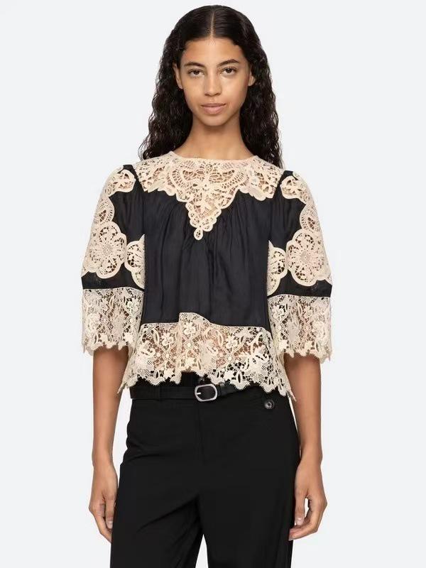 Elegant Women s French Lace Patchwork Shirt - Round Neck, Seven-Sleeve, Short-Sleeve Option, New Style Versatile Top S чёрный