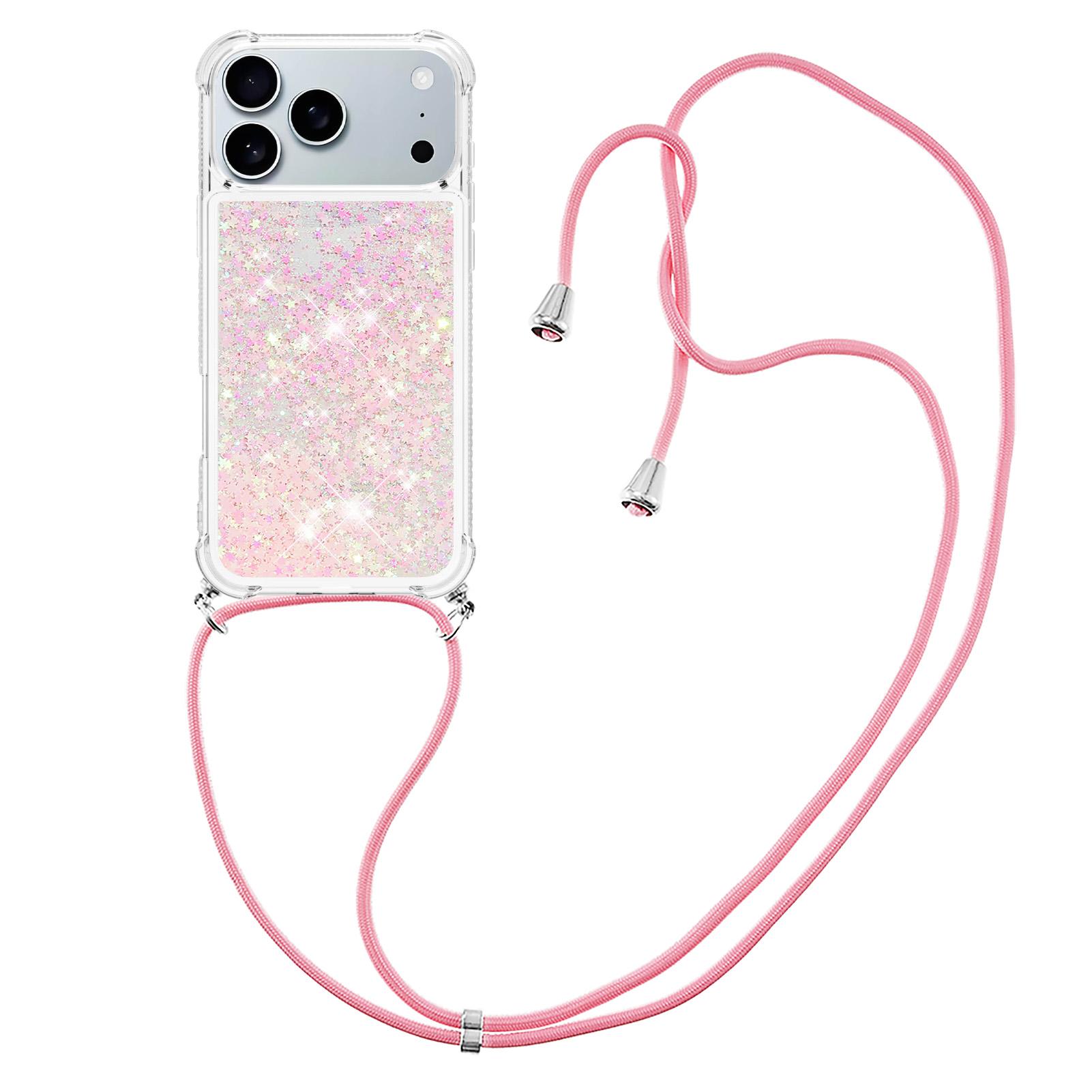 

For iPhone 17 Pro TPU Case Quicksand Phone Cover with Lanyard Pink/Pentagrams