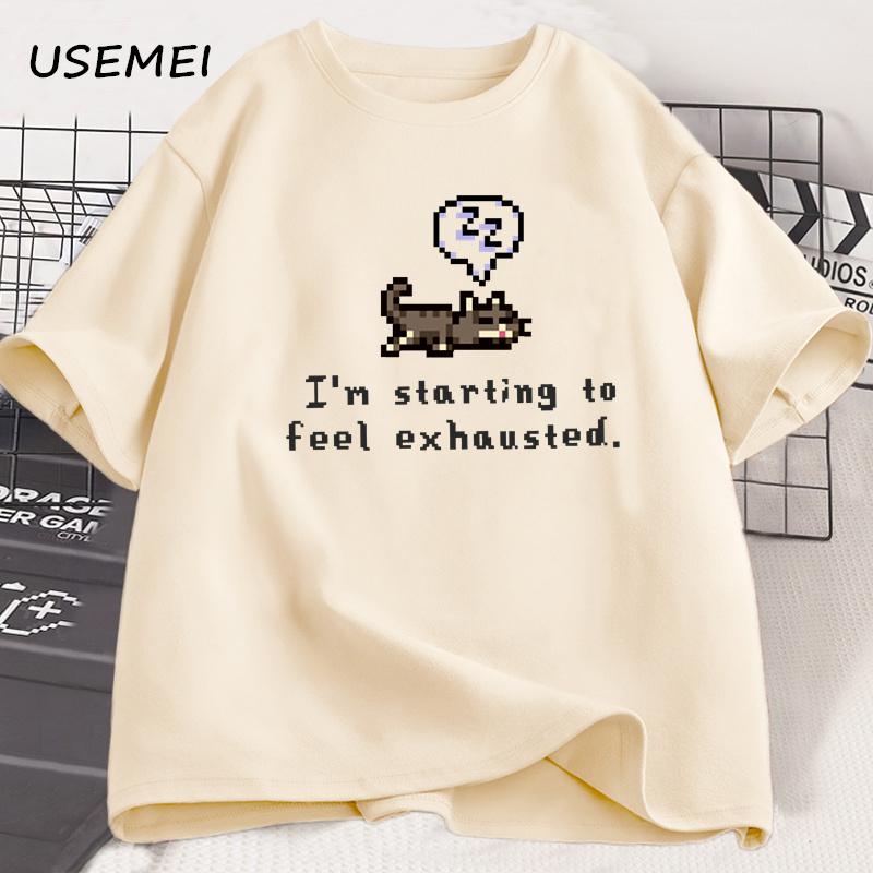 Ich fange an, mich erschöpft zu fühlengraphische T-Shirts Stardew Valley Schläfliche Katze Druck T-Shirt Gamer Liebhaber Baumwolle Kurzarm T-Shirt