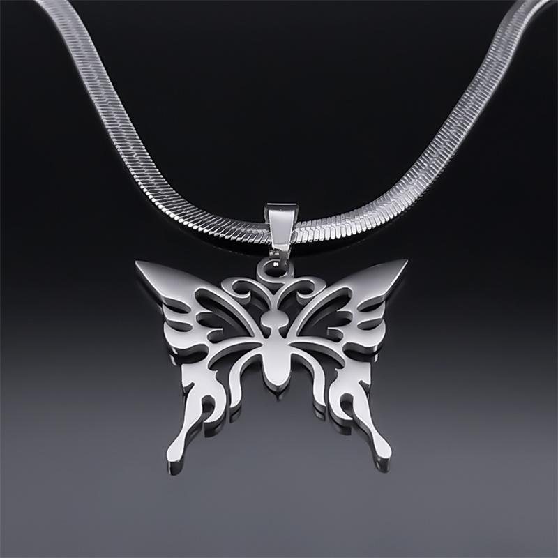 Butterfly Stainless Steel Hollow Choker Necklace for Women Silver Color Clavicle Snake Blade Chain Necklaces Jewelry N3343S05