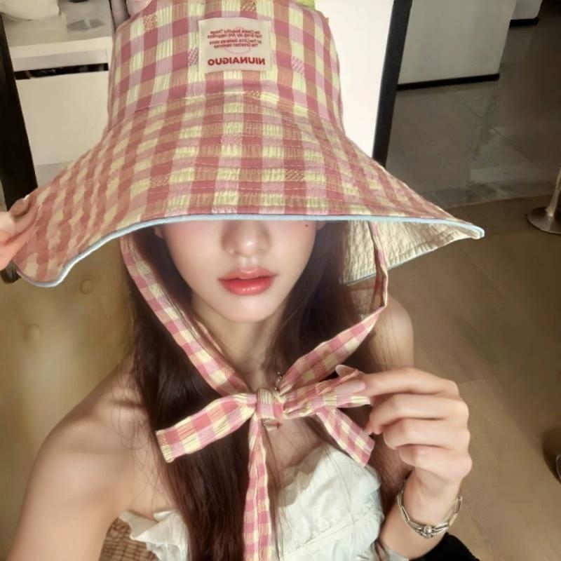 1 Brand New Double-sided Fisherman Hat, Checkered Wide Brimmed Summer Hat, Travel Sun Protection Foldable Women's Beach Hat