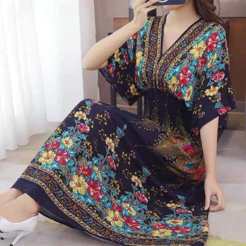 Ethnic Style V-neck Cotton and Silk Short-sleeved Beach Dress Thailand Travel Dress Summer Print Vacation Floral Skirt