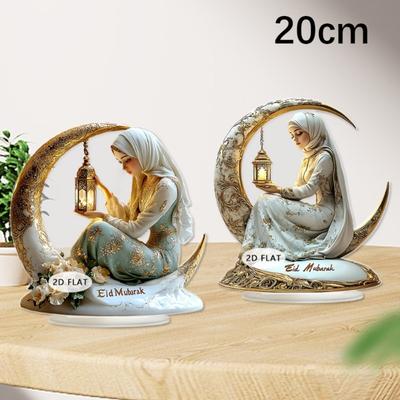Flat Acrylic Exquisite Decor, White & Gold Moon Boat with Flowers & Lantern, Light Luxury Ornament for Office Bookshelf, Modern Art Gift for Festivals
