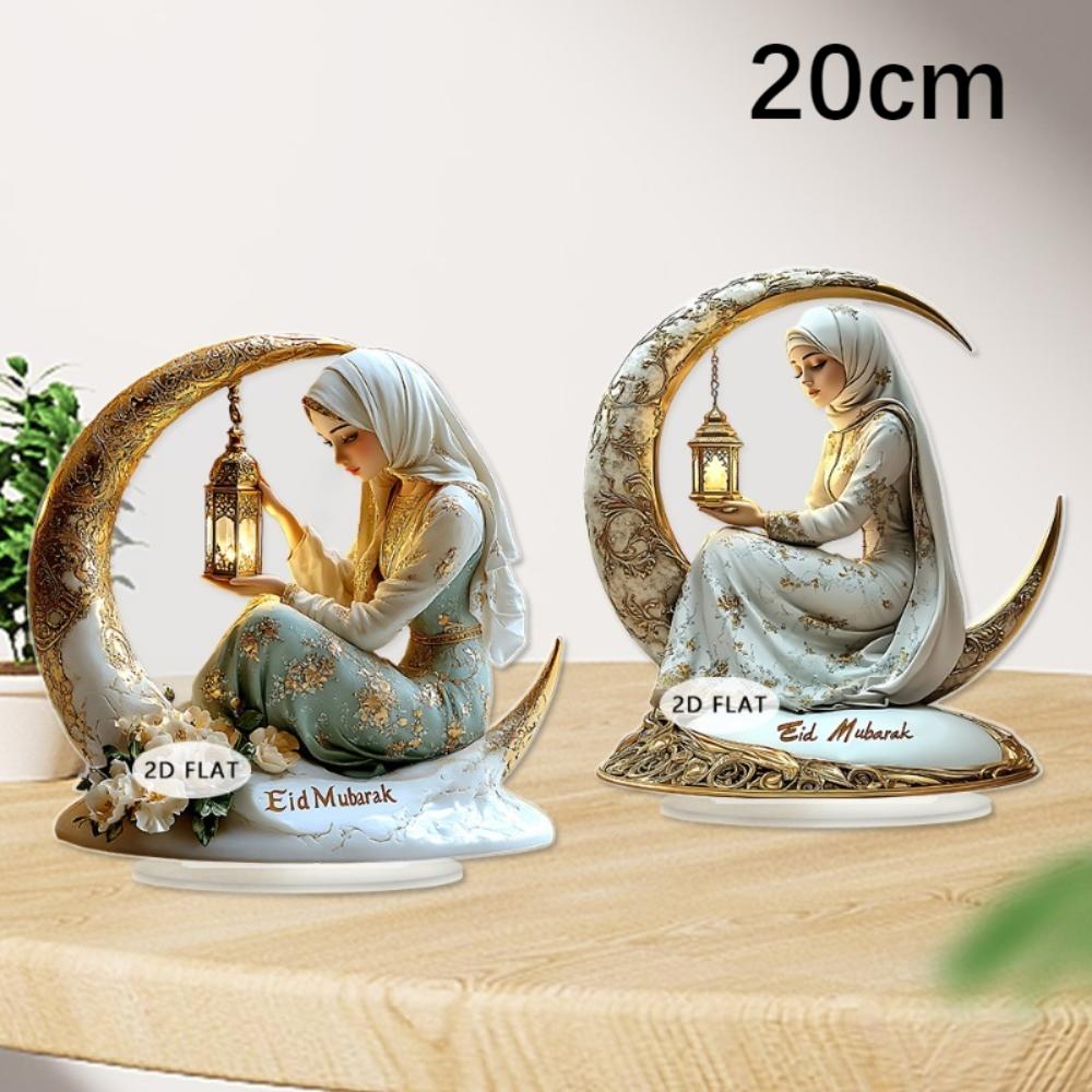 Flat Acrylic Exquisite Decor, White & Gold Moon Boat with Flowers & Lantern, Light Luxury Ornament for Office Bookshelf, Modern Art Gift for Festivals