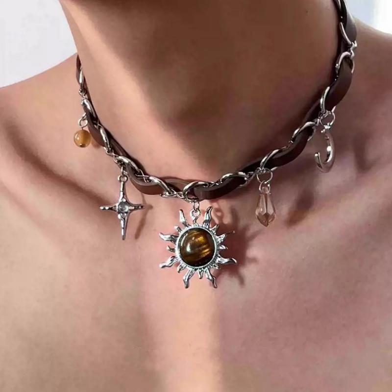 Retro Brown Opal Sun Pendant Necklace for Men Women Hip Hop Crystal Cross Leather Patchwork Necklace Grunge Party Jewelry