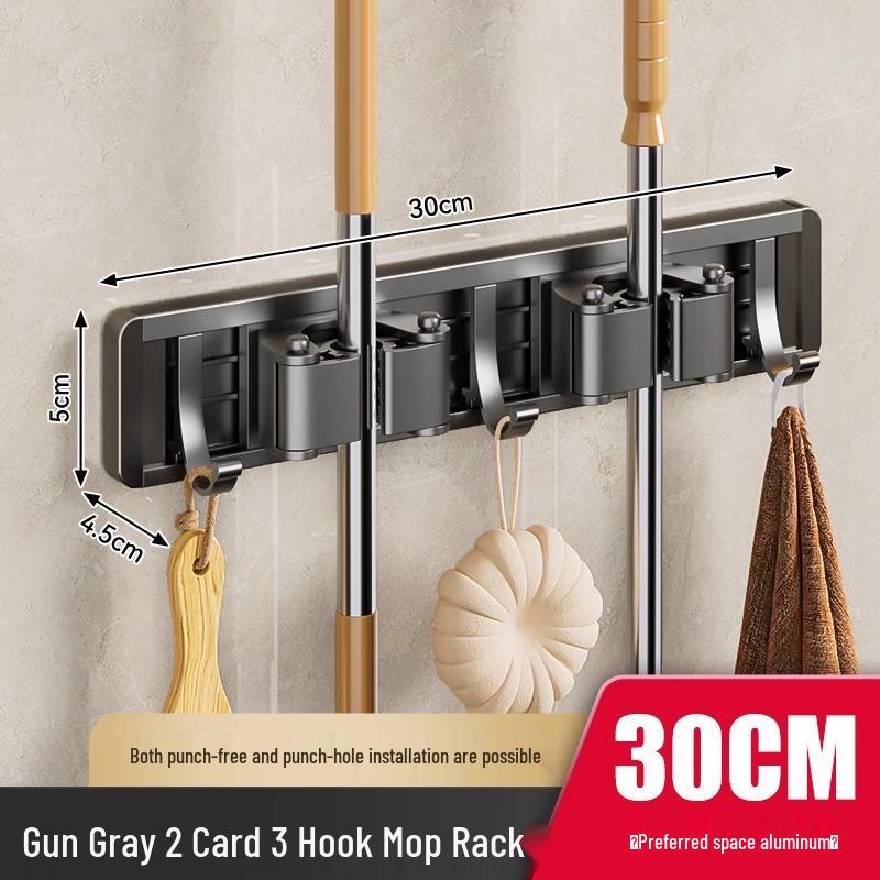 Adhesive No-Punch Broom & Mop Holder - Strong Wall Mount Hook for Bathroom Storage.