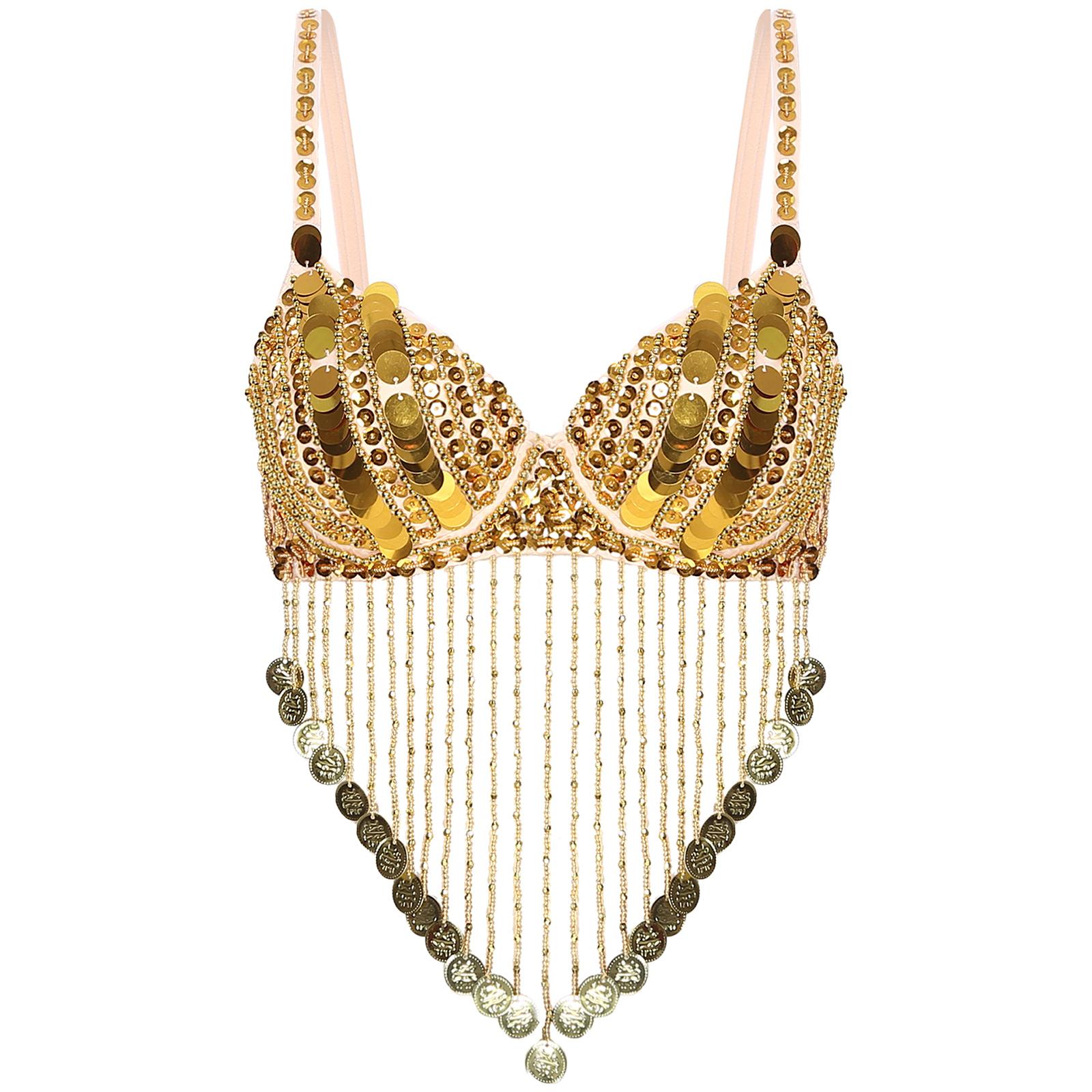 

Женские топы-бра для танца живота с пайетками и бисером, с кисточками, танцевальный костюм для музыкального фестиваля, клубная одежда для танца живота One Size золотой