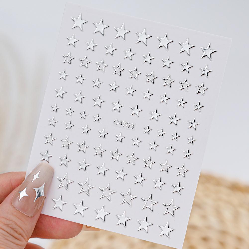 Black White Star 3D Nail Art Sticker Y2K Pentagram Self-Adhesive Decals Laser Shiny Glitters Starlight Manicure Ornaments Slider