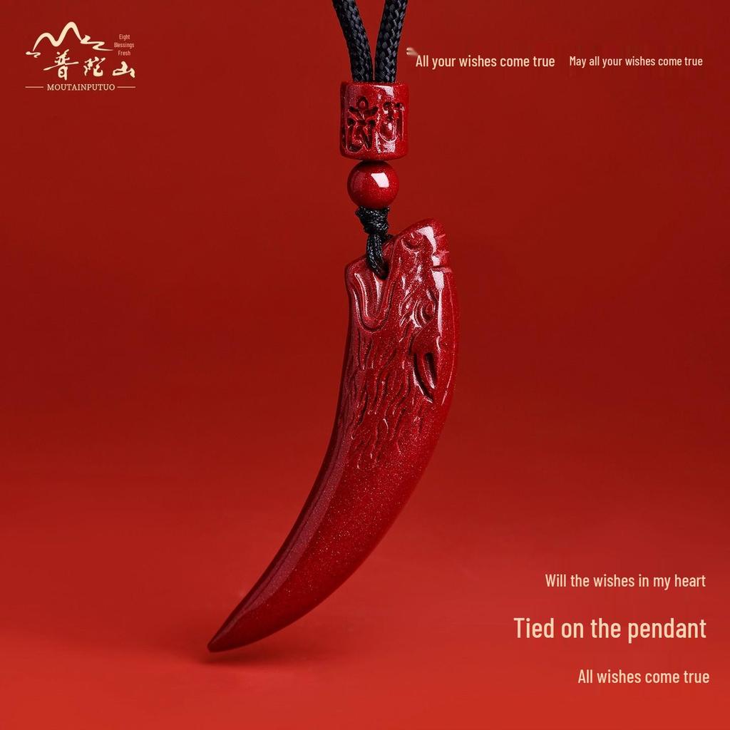 Putuoshan Cinnabar Wolf Tooth Pendant Necklace - Safety Amulet Gift for Women, Men, or Boyfriend
