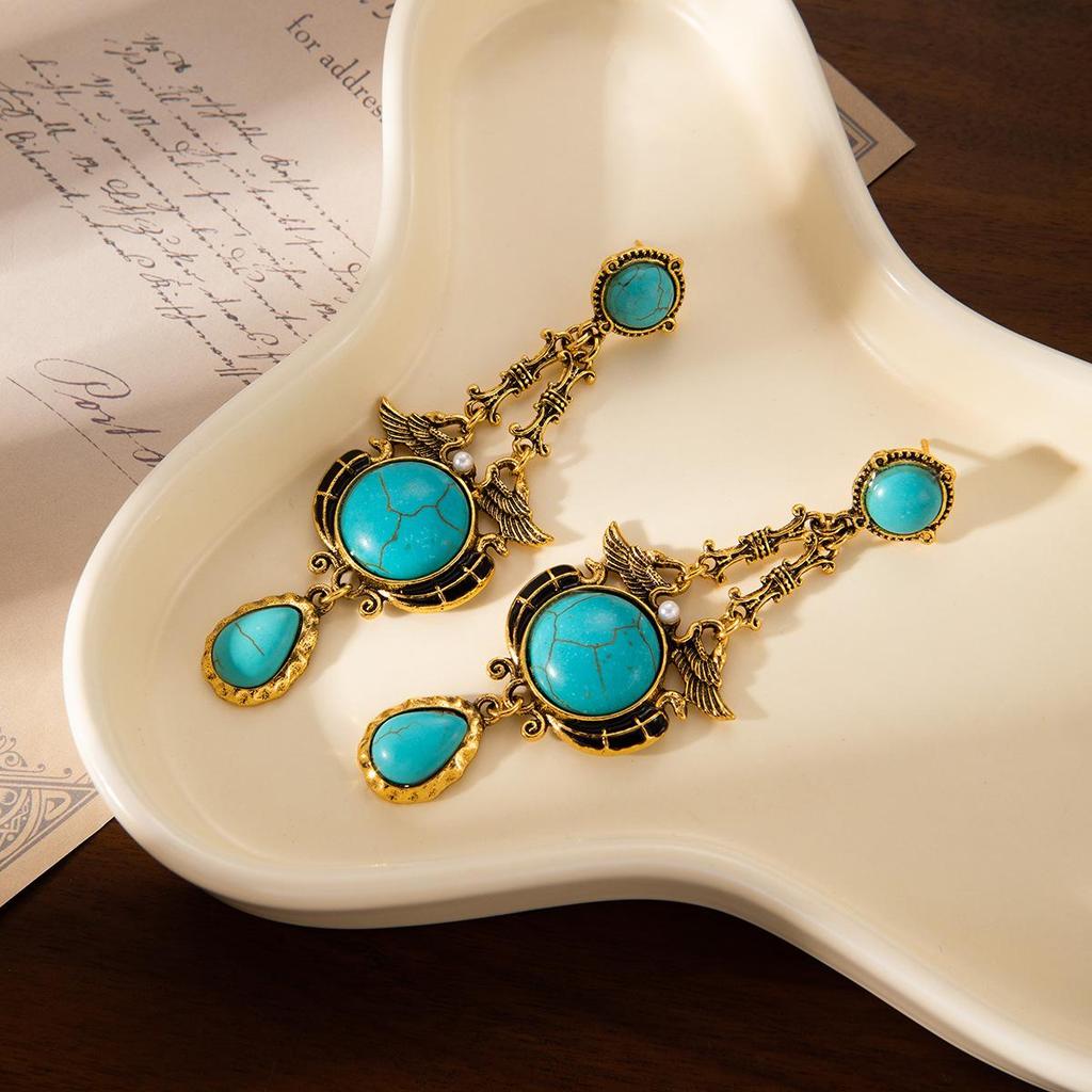 Retro Ethnic Turquoise Geometric Pendant Stud Earrings for Women - Unique Fashion Jewelry