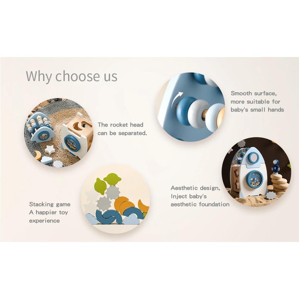 Baby Montessori Early Educational Rocket Toys Baby 5-in-1 Multifunctional Shape Box Toys Kid Wooden Graphic Cognition Toys Gifts