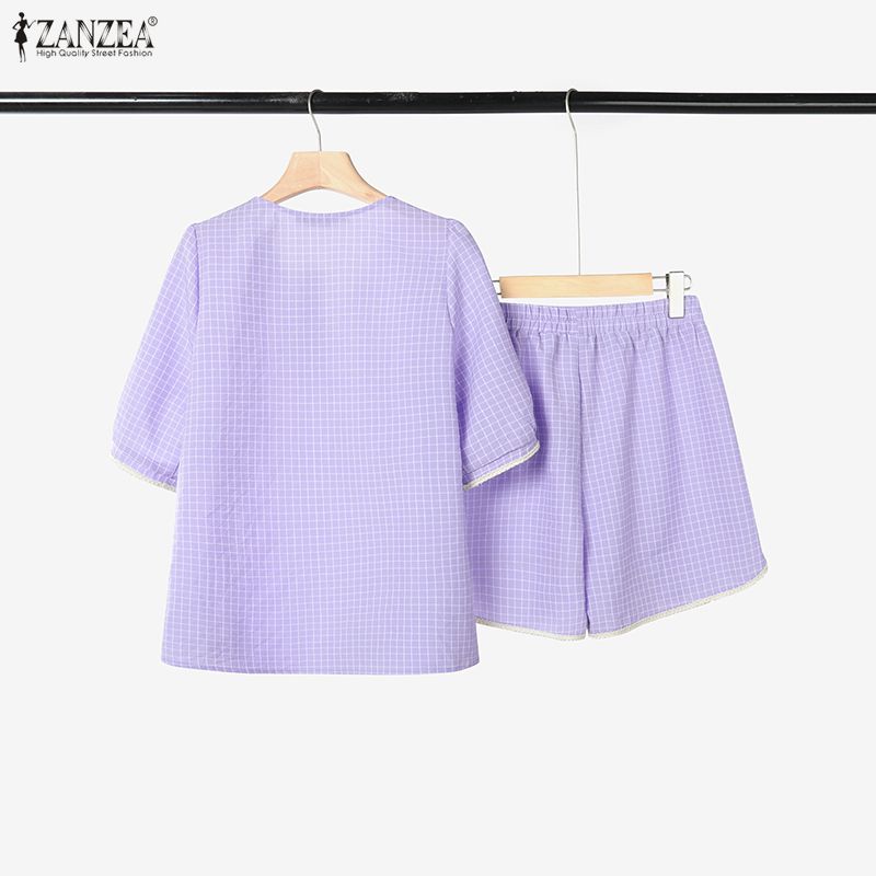 ZANZEA Women Short Sleeve Blouse and Shorts Summer Plaid Print Two Piece Suit Sets