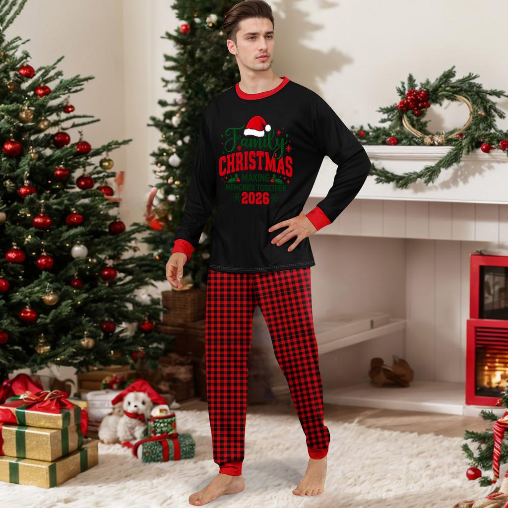 Matching Family Christmas Pajamas Set Long Sleeve Round Neck Top and Pants Loungewear for Women Men and Kids