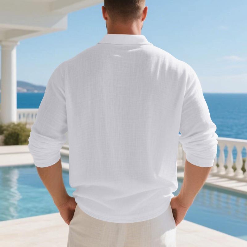 Europäisches Herren Atmungsaktives Baumwoll-Leinen Langarm Poloshirt