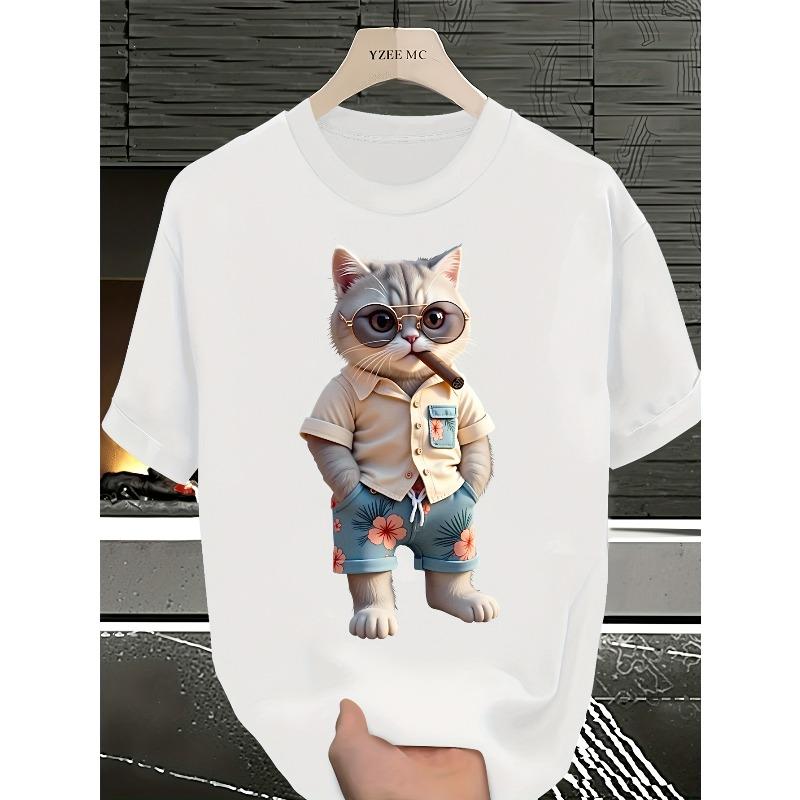 European Sizes Men'S Summer Cartoon Shirt Featuring a Pet Cat Print, Perfect for Casual Outings And As a Gift for Friends
