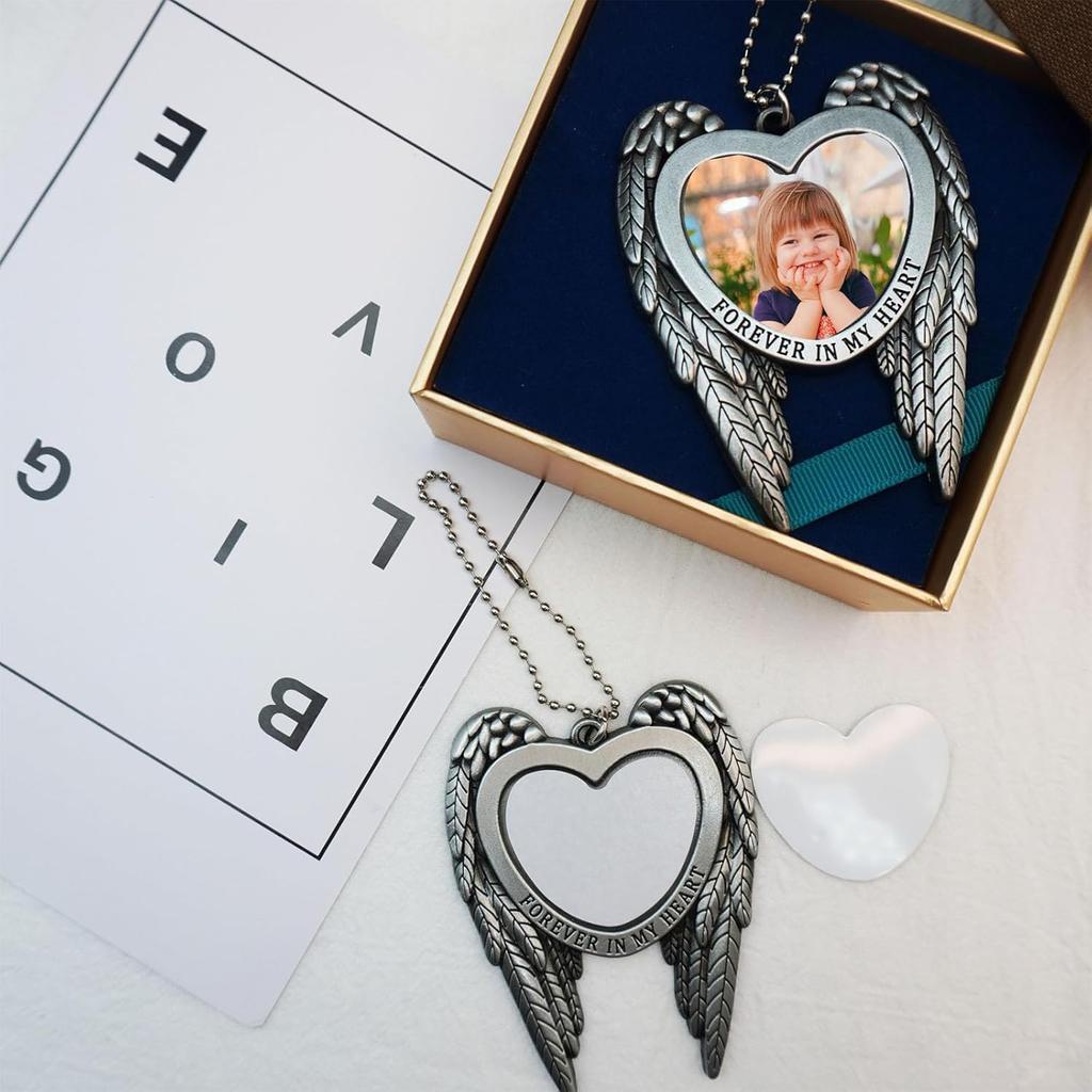 6 Set Sublimation Angel Wing Ornament Blanks Metal Love Heart Pendant Personalized Car Hanging Ornaments with Blank Photo for Home Window DIY Picture