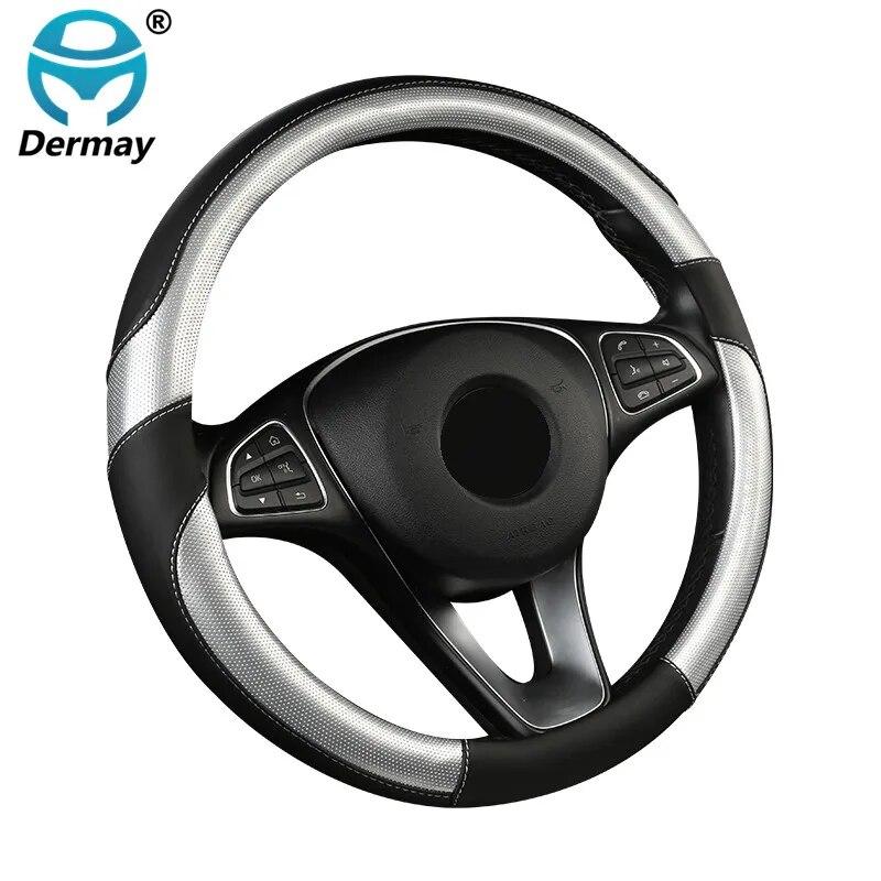 DERMAY  New Car Steering Wheel Cover PU Leather M Size Fit Standard Steering Wheel 37-38cm(14-15") Non-slip & Easy Install