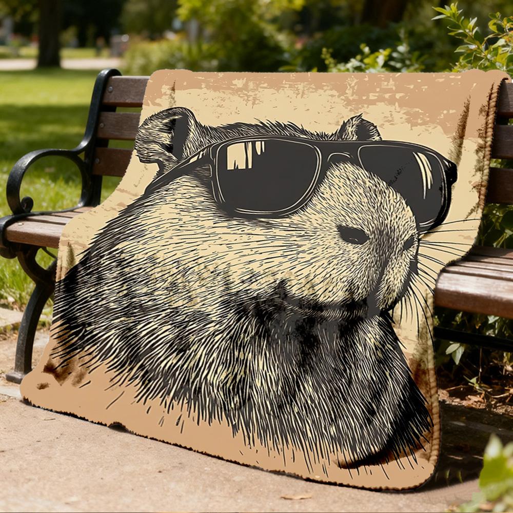 1pc Sunglasses Capybara Print Throw Blanket Polyester Fiber, Lightweight Flannel, Soft & Warm, All Season Use for Outdoor, Camping Digital Print